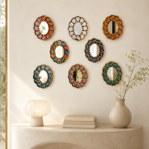 Composición Panal 20cm Oval I – Set de 8 Espejos Cuzqueños Ovalados Artesanales para Pared