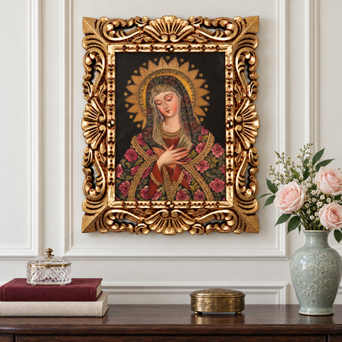 👑✨ Madonna 55 × 45 cm – Pintura Cuzqueña Artesanal  PFS0400055