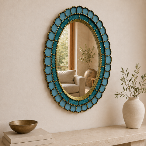 🪞✨ Espejo ovalado turquesa 70 cm – Vidrio pintado a mano ✨