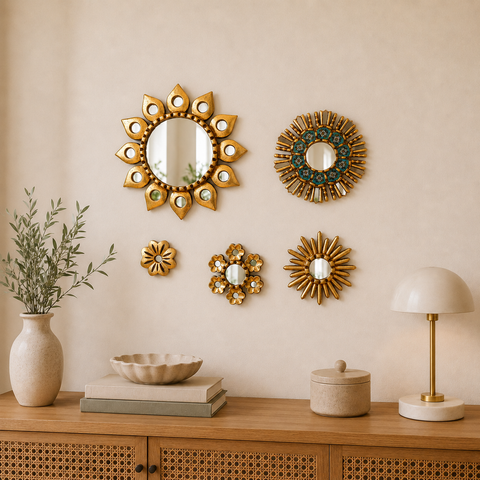 Composición Pulpo Turquesa – Set de 5 Espejos Cuzqueños Artesanales para Pared