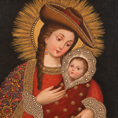 👑✨ Virgen Cuzqueña 55 × 45 cm – Pintura Cuzqueña Artesanal PFS0400057