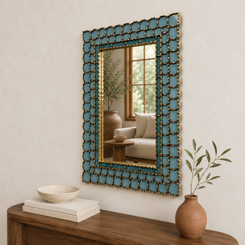 🪞✨ Espejo rectangular turquesa 80 cm – Vidrio pintado a mano ✨