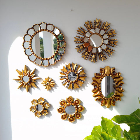 Hermosa composición de espejos decorativos artesanales cuzqueños, ideales para embellecer tu hogar con estilo único. Espejos Artesanales laminados en pan de Oro-Espejos Decorativos-Espejos Peruanos-Espejos Cuzqueños-Peruvian Mirrors-Espejos de Madera