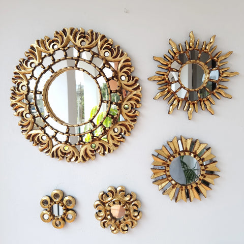 Hermosa composición de espejos decorativos artesanales cuzqueños, ideales para embellecer tu hogar con estilo único. Espejos Artesanales laminados en pan de Oro-Espejos Decorativos-Espejos Peruanos-Espejos Cuzqueños-Peruvian Mirrors-Espejos de Madera