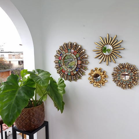 Hermosa composición de espejos decorativos artesanales cuzqueños, ideales para embellecer tu hogar con estilo único. Espejos Artesanales laminados en pan de Oro-Espejos Decorativos-Espejos Peruanos-Espejos Cuzqueños-Peruvian Mirrors-Espejos de Madera