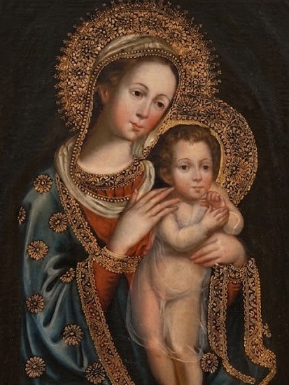 👑✨ Virgen María 55 × 45 cm – Pintura Cuzqueña Artesanal PFS0400039